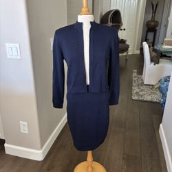 St. John Navy Cardigan And Skirt Set