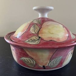 Hand Painted & Hand Thrown Ceramic Lidded Dish w/ Pears Signed Audrey