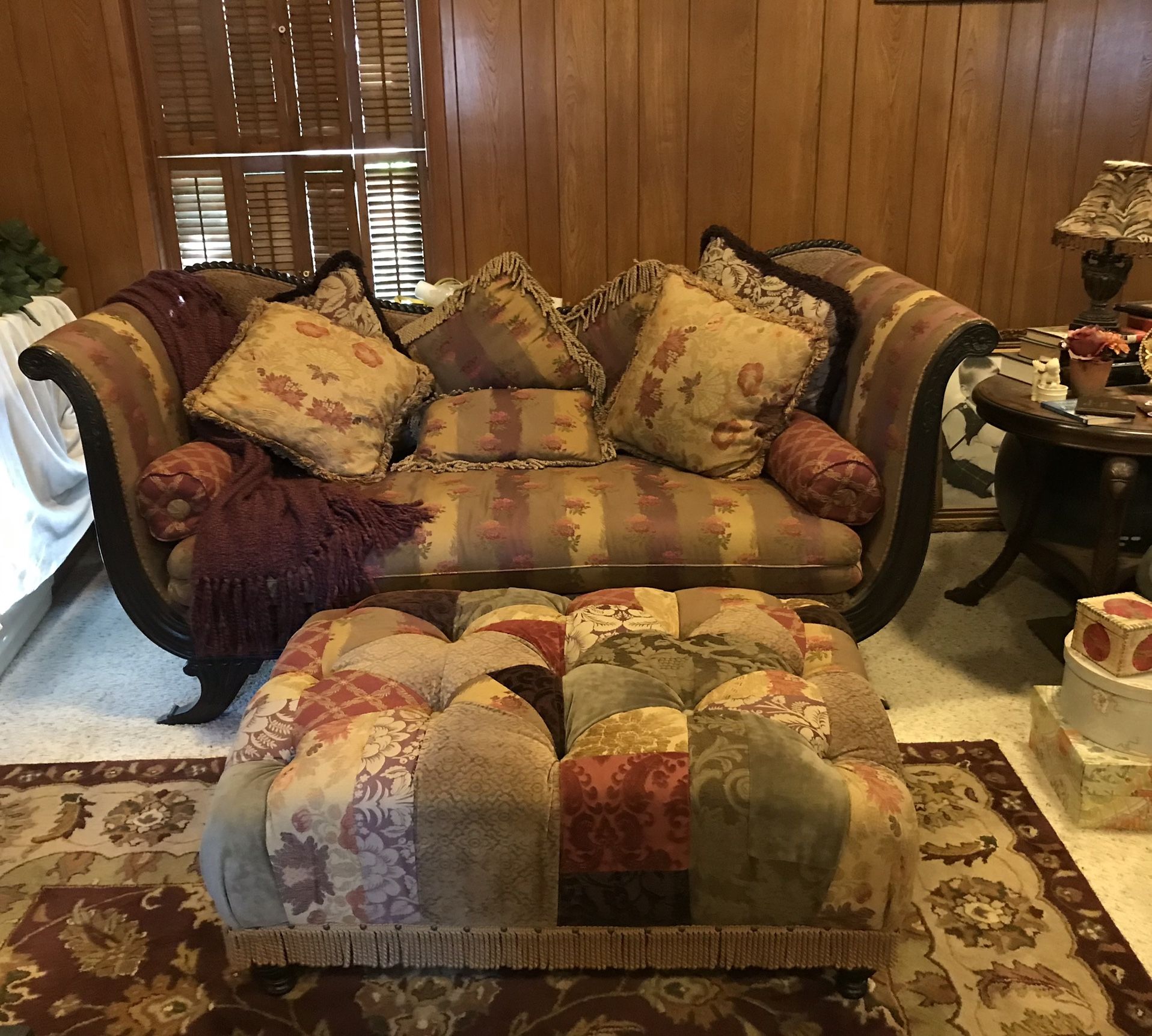 Antique Regal Slay Settee Down Cushion, 2 Leather Chairs, Patchwork Ottoman, 2 Matching Patchwork End Tables, Matching Patchwork Sofa Or Entry Table.