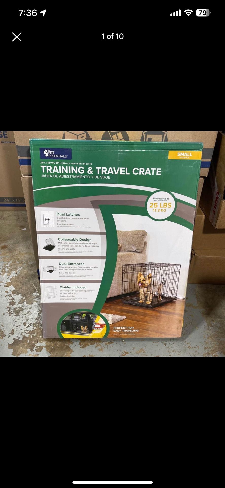 NEW in Box Pet Essentials Pet Crate 24” 18” 20” Collapsible W/ Handle Dual Latch, Sw Okc “ español “