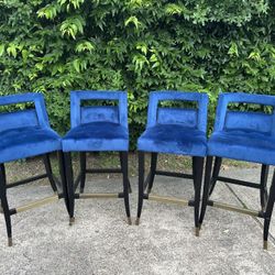Set of 4 Modern Blue Velvet Bar Stools
