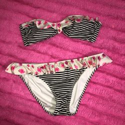 Victoria’s Secret size medium black and white striped pink floral ruffle bikini