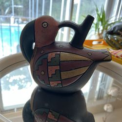 Vintage Hand-Painted Peruvian Terracotta Bird vessel, vase, reservoir