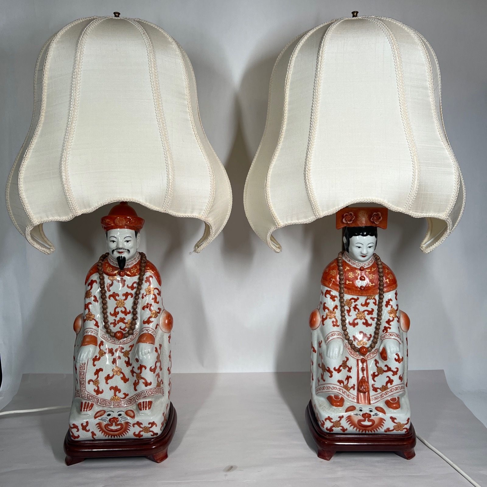 Vintage Pair Chinese Emperor Empress Table Lamps 29" Tall Antique