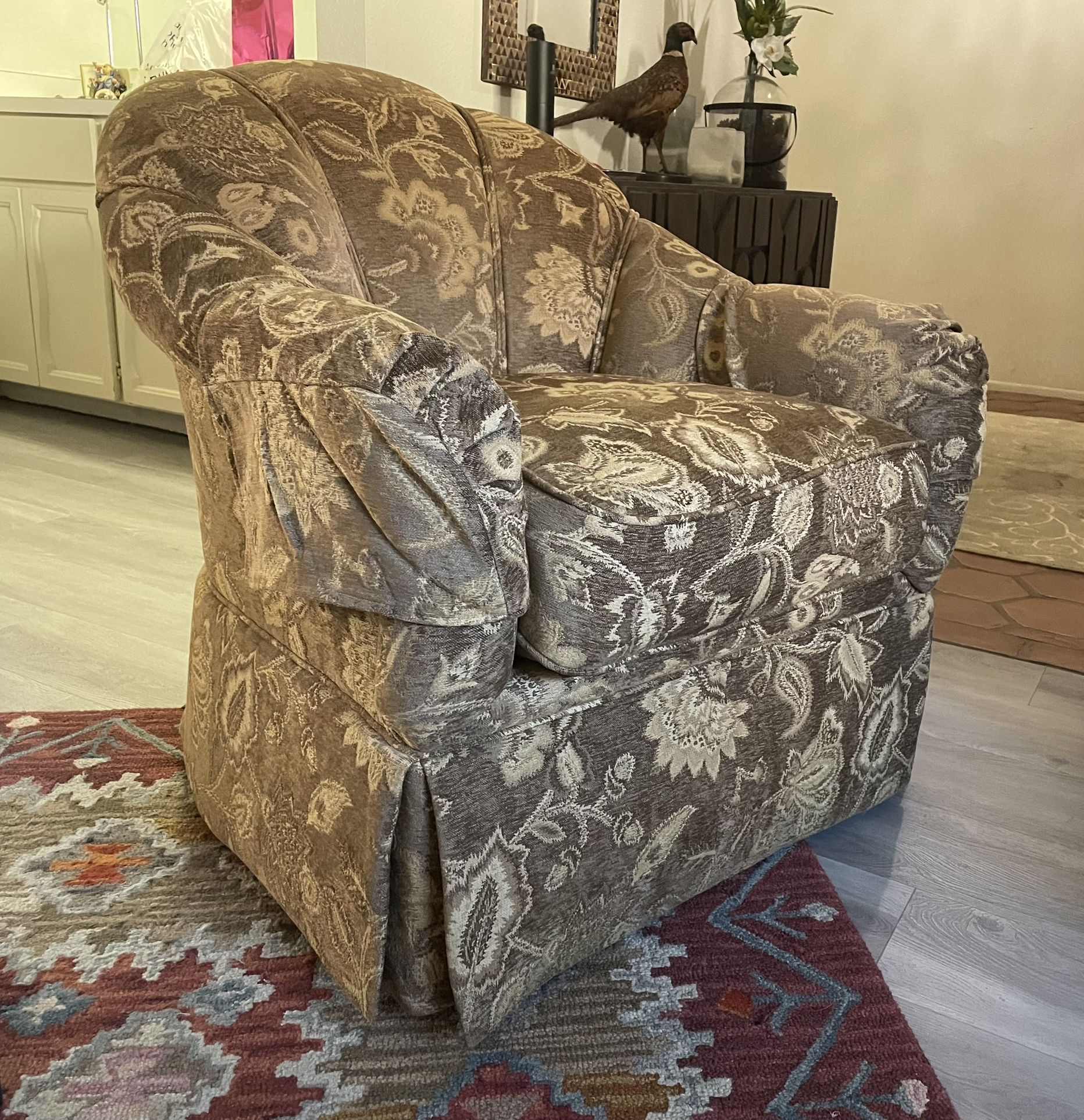 Kravet Tan Chenille Barrel Chair Set 