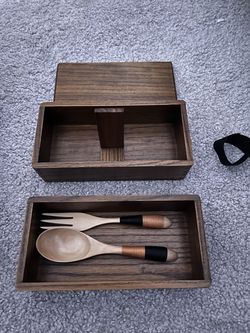 NEW Japanese-Style Wooden Bento Lunch Box with Spoon & Fork