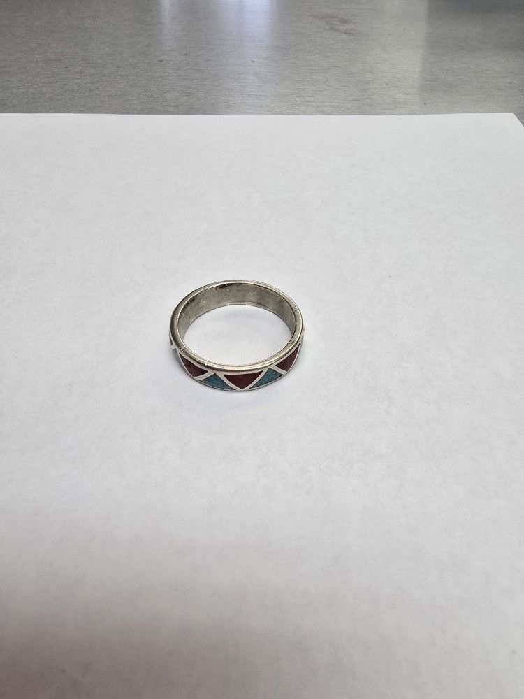 925 Silver Native American Ring Turquoise And Coral Inlay Size 10.