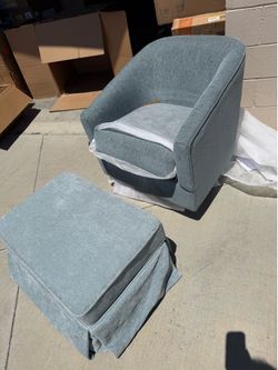 Grayish green blue swivel fabric accent with storage ottoman