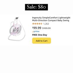Ingenuity SimpleComfort Lightweight Multi-Direction Compact Baby Swing - 6 Speeds, Nature Sounds & Vibrations - Cassidy (Pink)