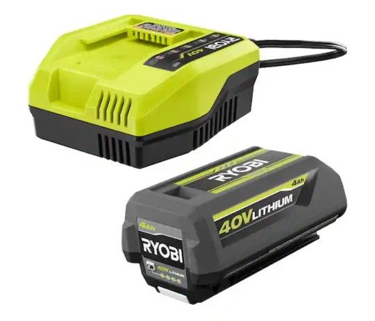 RYOBI 40V 4Ah Starter Kit — fast-charging (under 1 hr), fade-free power, LED fuel gauge, and fan-cooled charger. Works with all RYOBI 40V tools.
