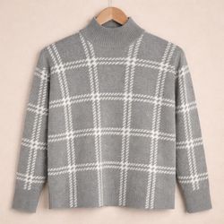 Love Scarlett Luxe Gray Plaid Mock Neck Sweater Women’s Size Small Soft Knit Windowpane Pullover
