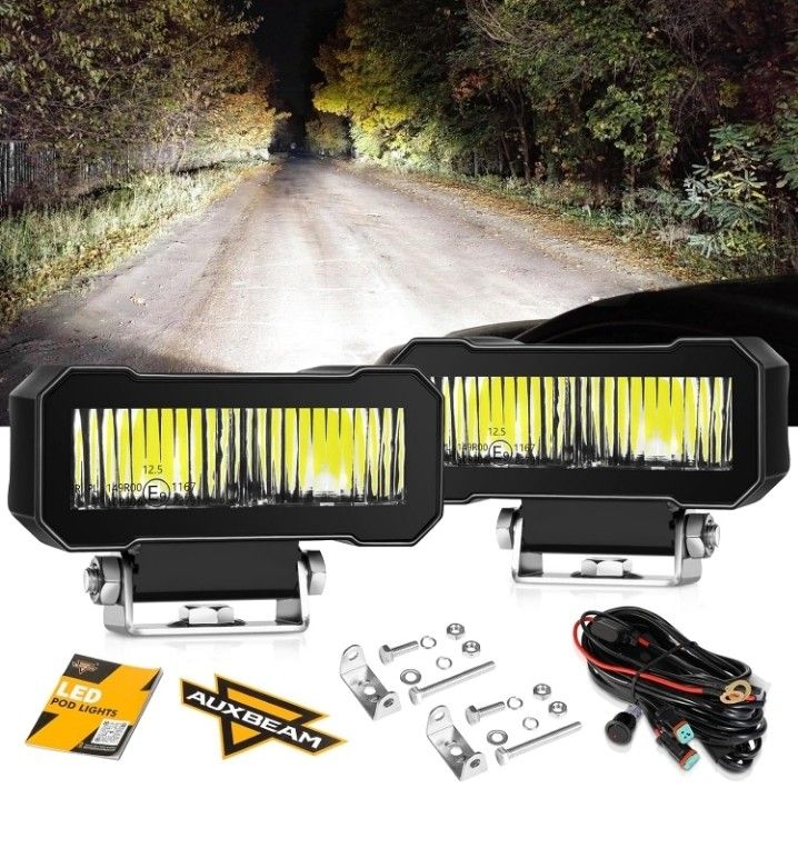 Auxbeam 4.6 Inch LED Pods Light, 2pcs 60w Square Off Road Light Pod, R4 Series Driving Beam Work Auxiliary Lights White Light Black Shell With Harness