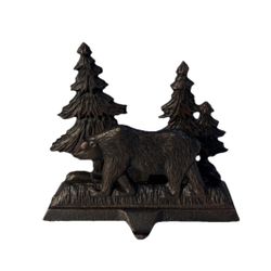 Cast Iron Bear and Pine Tree Christmas Stocking Hanger Holiday Cabin Decor 