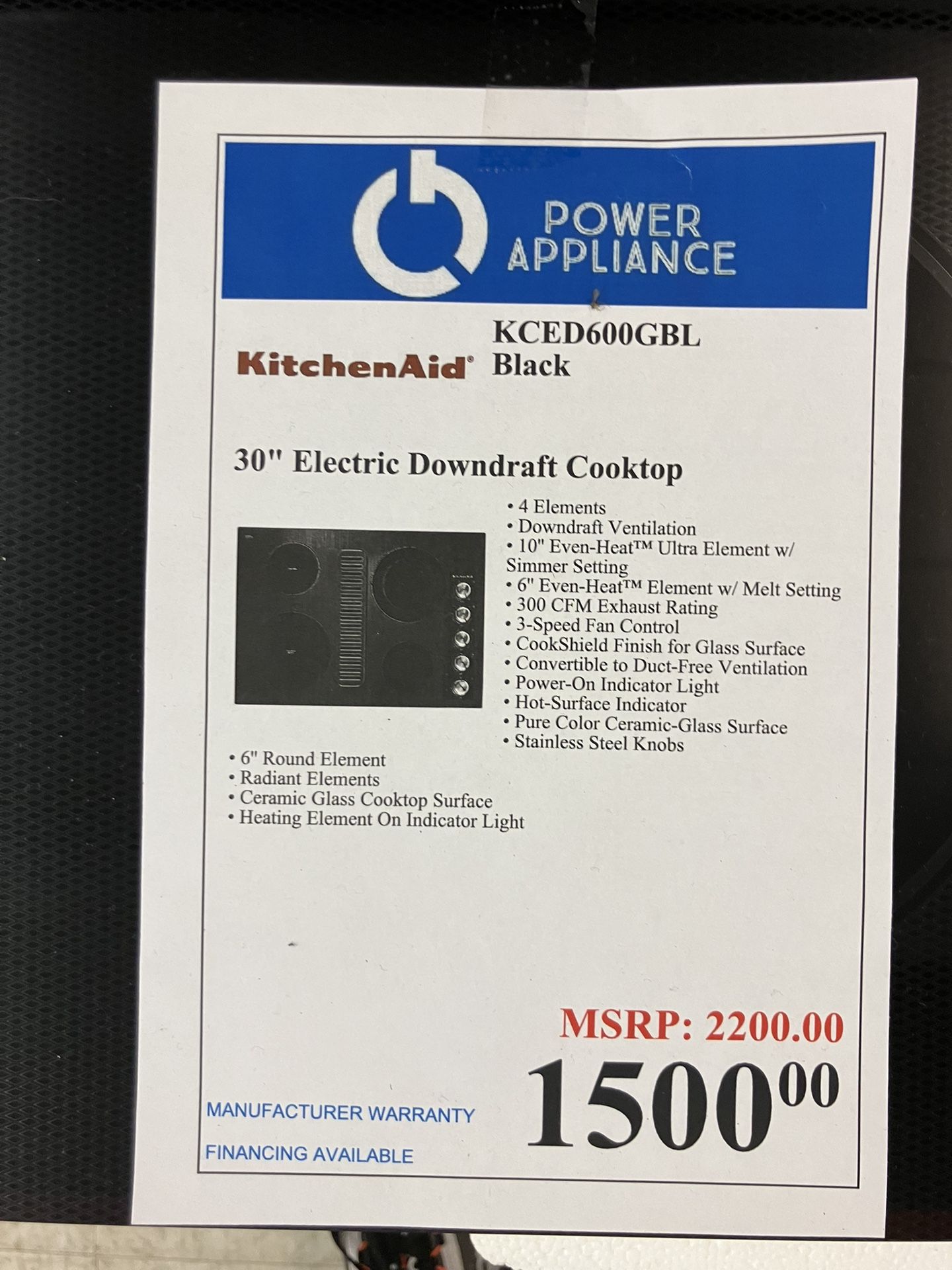 KitchenAid® KCED600GBL Black 30" Electric Downdraft Cooktop