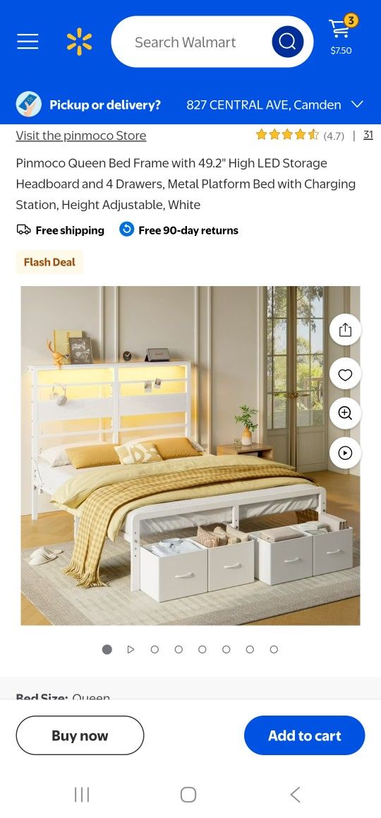 Pinmoco Queen Size Bed Frame with 49.2" High LED Storage Headboard and Drawers, Metal Platform Bed with Charging Station, Height Adjustable, White