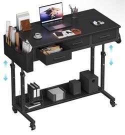 Black Mobile Desk with Drawers and Shelves