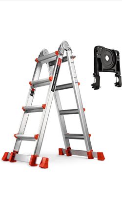 A Frame 4 Step Extension Ladder, 14 Ft with Multi Position & Removable Tool Tray with Stabilizer Bar, 330 lbs Weight Rating Telescoping Ladder for Hou