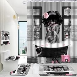 Hadint 4-piece Black African American Girl Shower Curtain Set, Paris Eiffel Tower Art Pattern Shower Curtain and Rug Set, 12 Pcs Hooks, 71inx71in