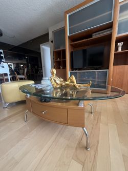 Modern Glass Coffee Table – Wood & Chrome Base (With Storage)