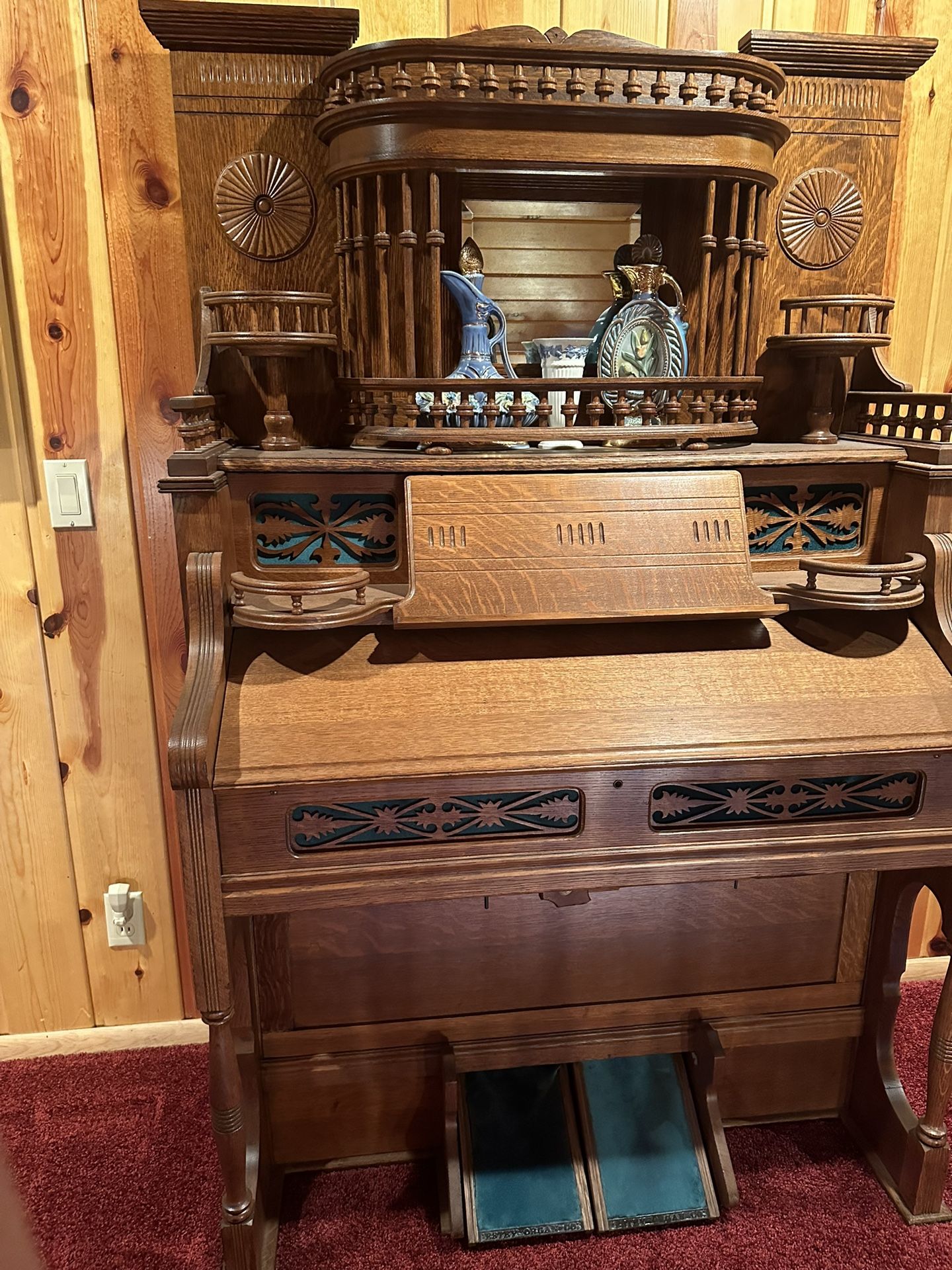 Antique Pump, Organ Historic Incredible Shape Ornate Vintage, Velvet Art Deco Design, Ornate