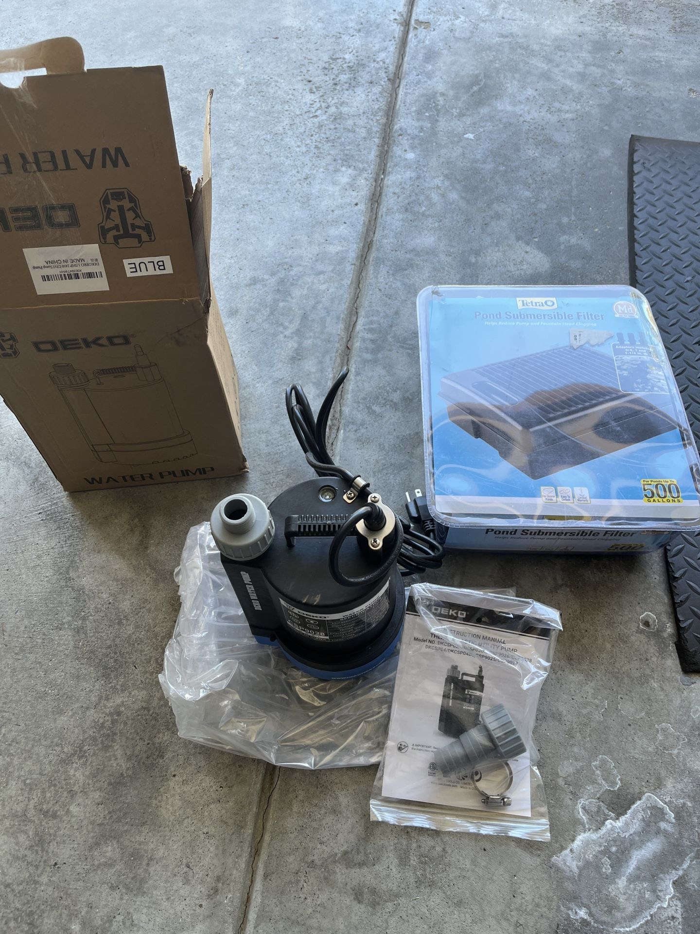 DEKO PRO 1/3HP 2450 GPH Electric Water Pump Utility Sump Pump Model CSP9028 Blue and Tera pond submersible filter