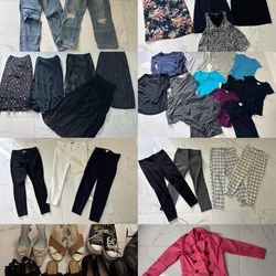 Clothes (dresses, jeans, shirts), shoes, raincoat, cups,