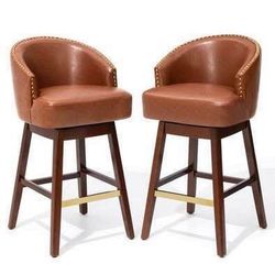 New Set of 2 Brown Faux Leather Swivel Barstools