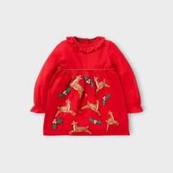 Mini Boden Deer Leaf Star Applique Red Dress Size 18-24 Months New