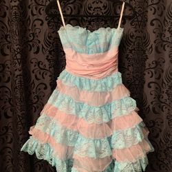 Betsey Johnson Evening Strapless Cocktail Dress 6 Pink Blue PromTiered Tulle Lace