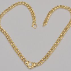 14K Yellow Gold Hollow Link Necklace 14.75” Bezel Diamond Center Choker