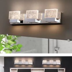 24 in. 3-Light Chrome Stainless Steel LED Bathroom Vanity Light with Clear Ice-Like Brick Glass