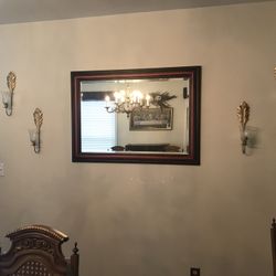 Wooded Beveled Wall Mirror And 4 Leaf Candle Sconces 