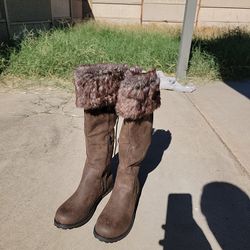 Just Fab  Detailed Tall Flat Boots with fur [brown, US9, Women's, Faux Leather]