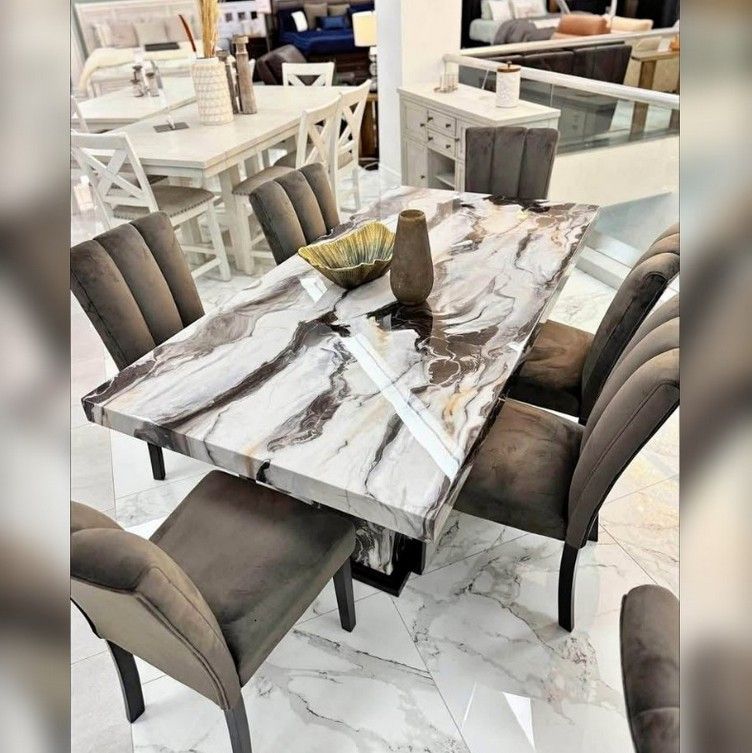 7PC Marble top dining table set coffee color
