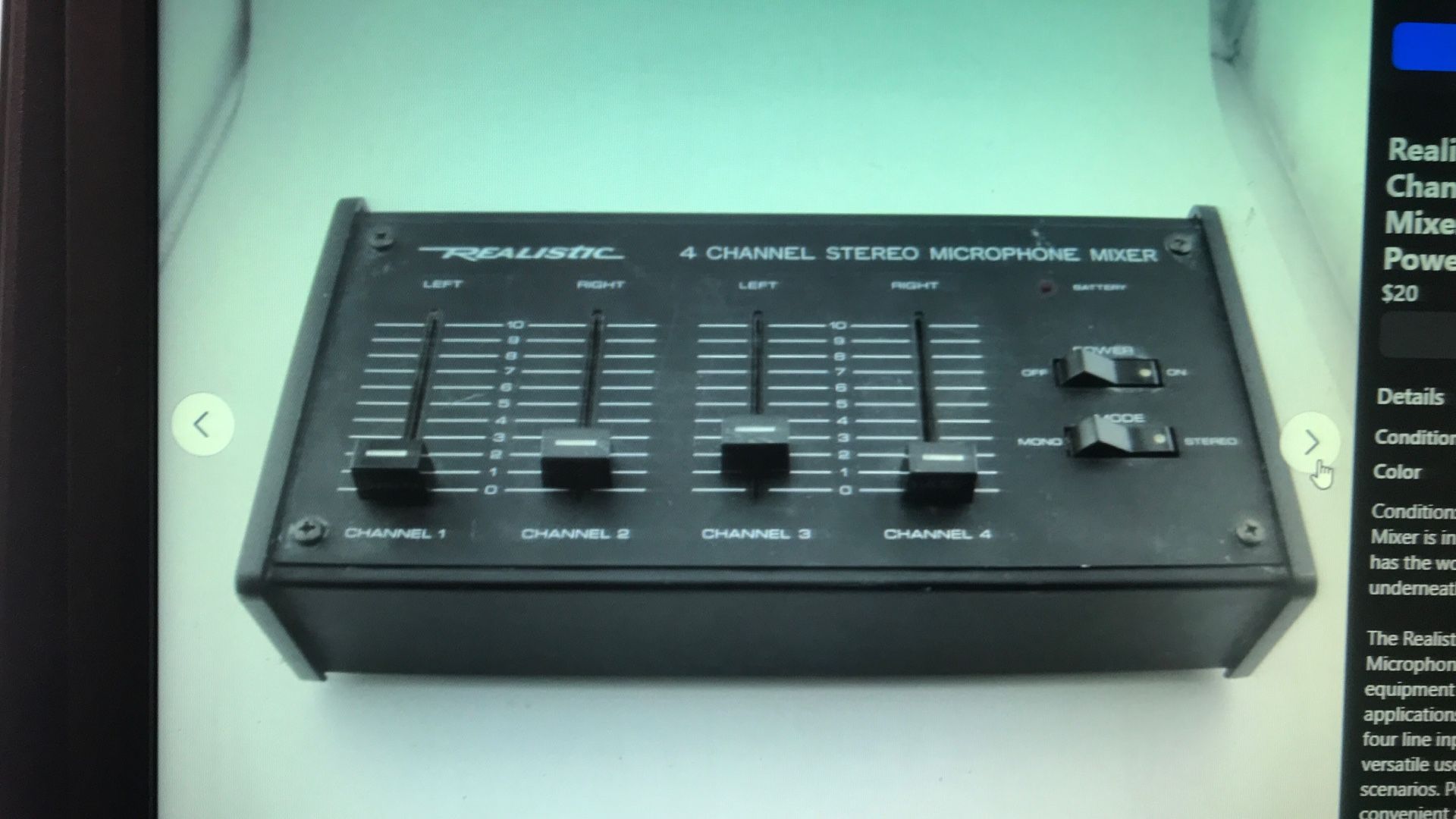Realistic 32-1105A 4-Channel Stereo Microphone Mixer 9 Volt Battery Powered