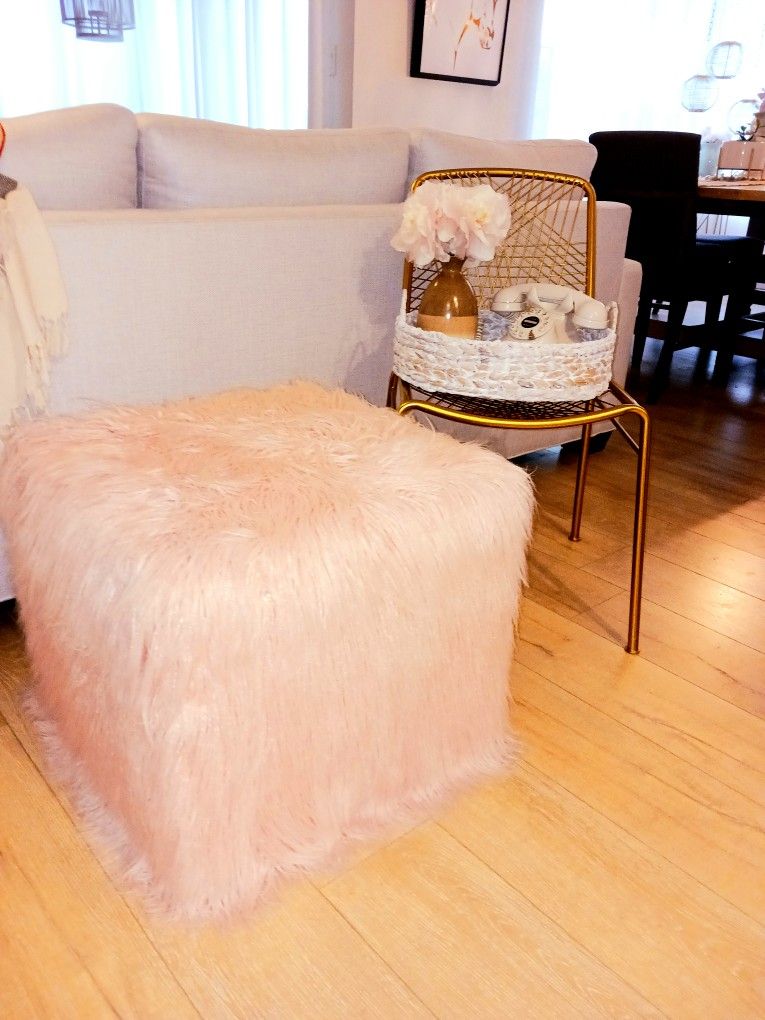 Mid-Century Modern Pier 1 One Faux Fur Large Ottoman Table Blush Pink  