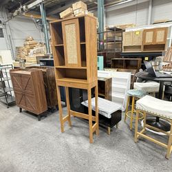 Over The Toilet Storage Cabinet with Rattan Sliding Door, 68" Tall Wood Above Toilet Bathroom Organizer w/Adjustable Shelf & Curved Profile, Space Sav