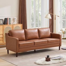 Faux Tan Leather 3-Seat Sofa with Wood Legs
