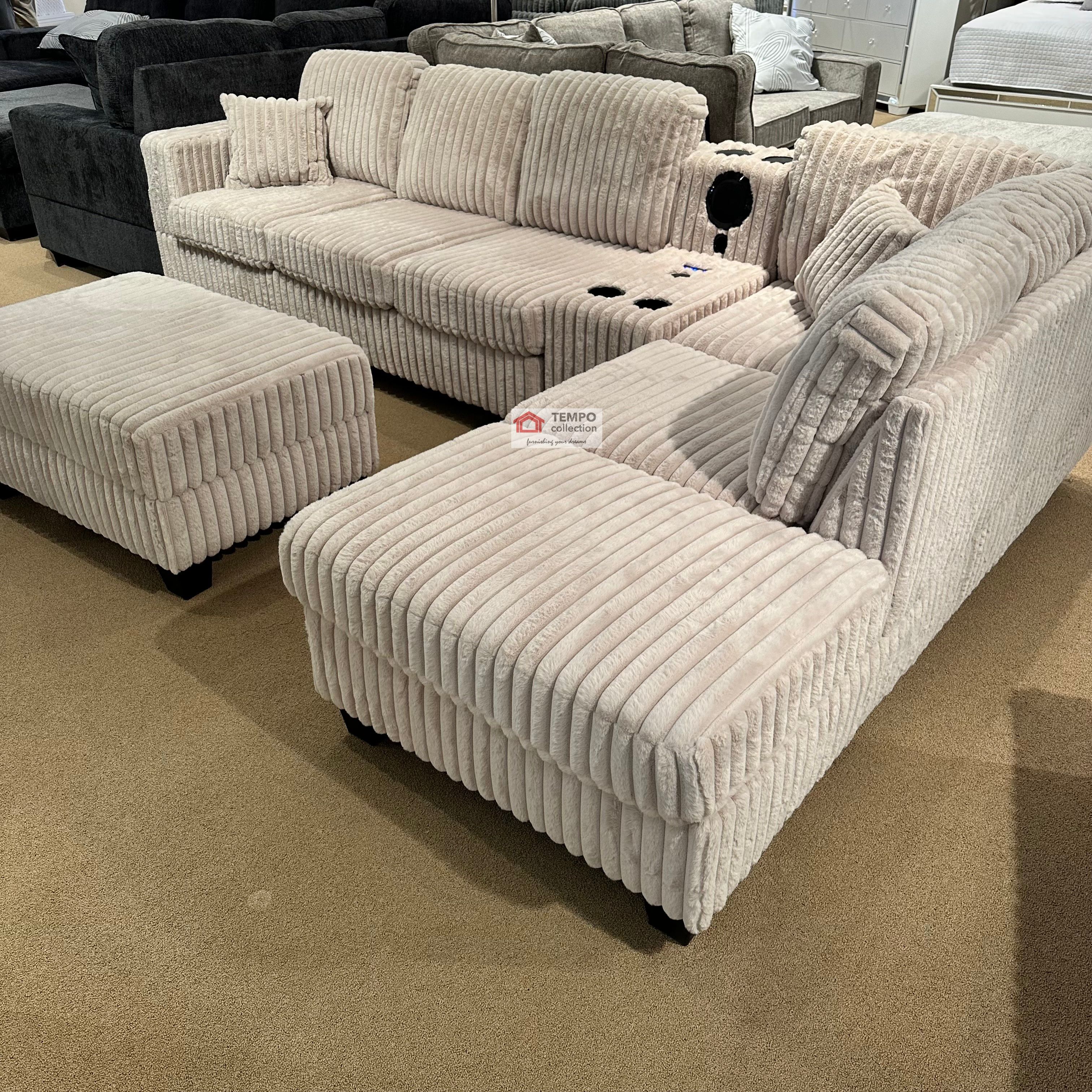 SECTIONAL CHAISE, BLUETOOTH SPEAKER, CUP HOLDER, WIRELESS CHARGER, GRAY, BEIGE and BLACK