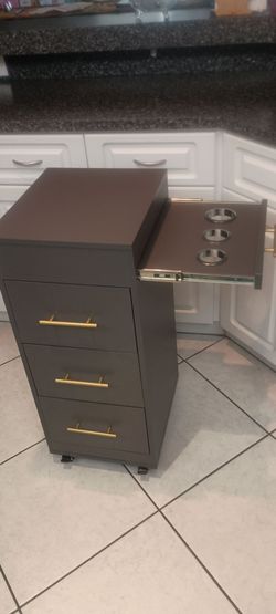 3 Drawer Dresser/Nightstand with pull out shelf for drinks on wheels