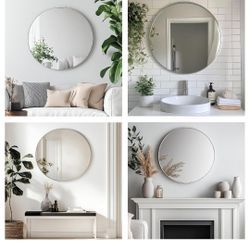 Silver Round Mirror, Silver Round Mirror 24 inch, Circle Bathroom Mirrors Metal Frame, Circle Mirrors for Wall, Over Sink, Bathroom, Living Room, Vani