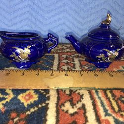 Chinese Blue & Gold Teapot & Creamer