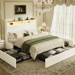 Full Size Upholstered Platform Bed Frame with 3 Spacious Storage Drawers, Built-in LED Lights & Charging Station, Vertical Tufted Headboard with Shelf