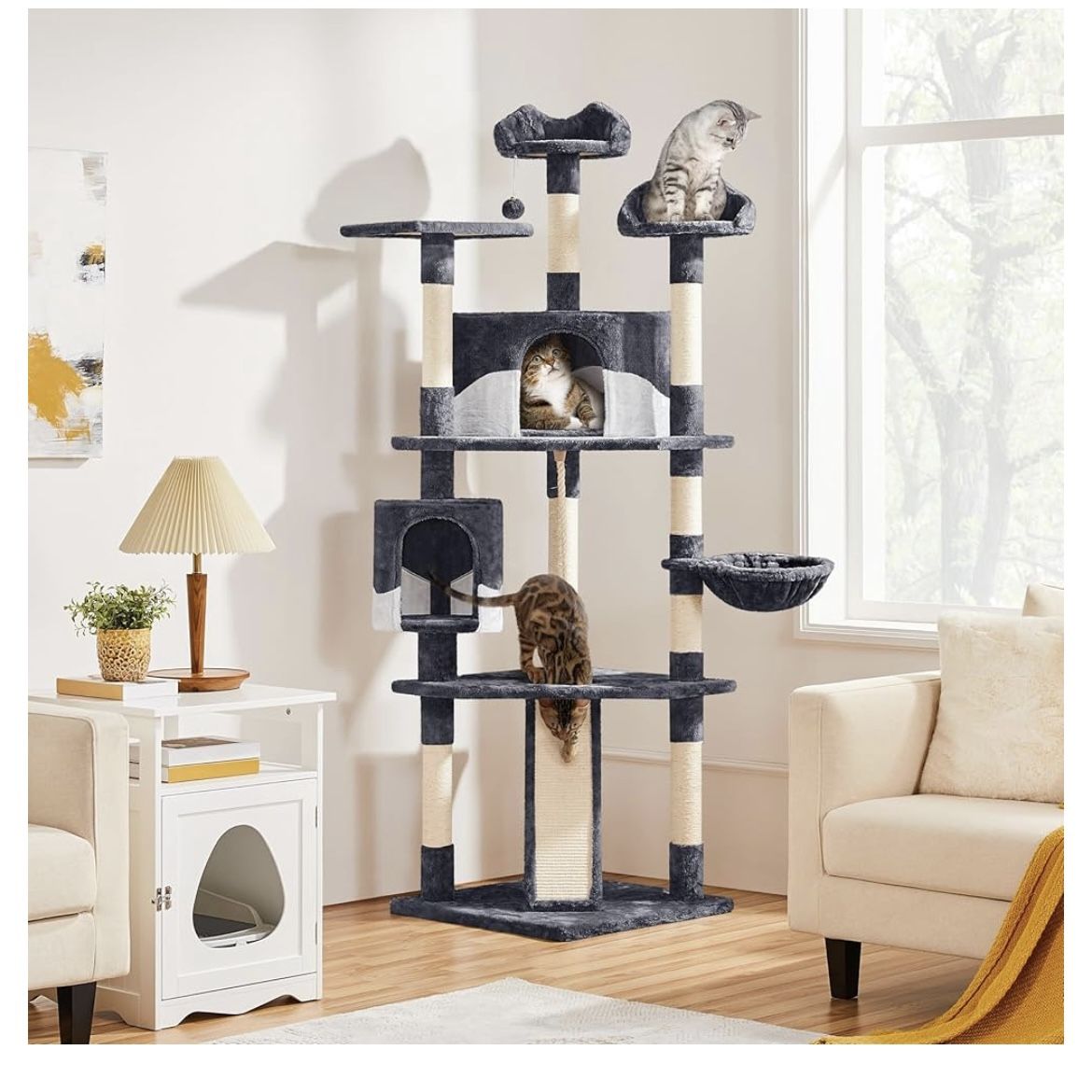 79in Multi-Level Cat Trees Indoor Cat Tower with Sisal-Covered Scratching Posts, Plush Perches and Condo for Kittens, Cats and Pets - Dark Gray and Wh