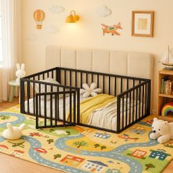 Twin Bed Floor Bed with Fence and Door, Kids Montessori Floor Bed Without Slats, Cute Montessori Bed for Kids, Girls, Boys, Wodd Floor