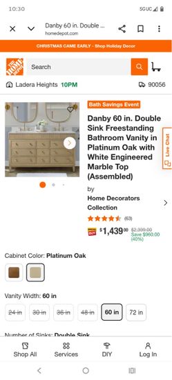 Danby 60 in. Double Sink Freestanding Bathroom Vanity in Platinum Oak with White Engineered Marble Top (Assembled)