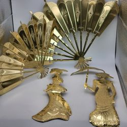 Vintage 4 Piece Set Gold Brass Wall Hangings Fans & Ladies MCM Decor 8"-13"