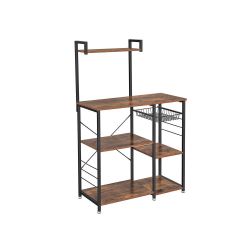 Baker's Rack, Microwave Stand, Kitchen Storage Rack with Wire Basket, 6 Hooks, and Shelves, for Spices, Pots, and Pans, Rustic Brown and Ink Black UKK