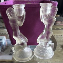 Vintage NUDE PAIR DECO Satin Frosted  Candle Holders 