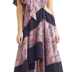 LOEWE Asymmetric Cutout Jersey-Paneled Printed Cotton-Twill Midi Dress new 